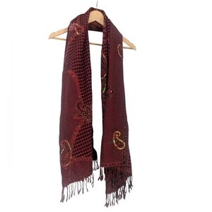 Woman's DI FIRENZE Collection Elegant Burgundy & Black Embroidered Paisley Scarf